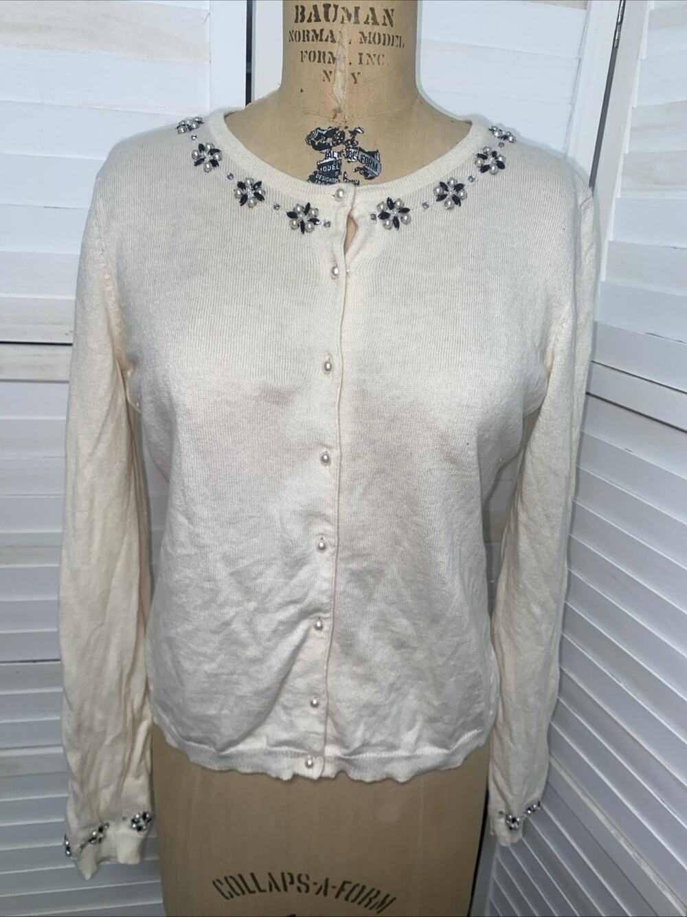 VTG Y2K Cream Ice Pearl Button Up Beaded Sequin Cardigan Sz Large